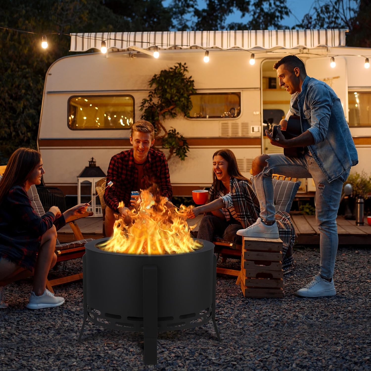 26" Smokeless Fire Pit with Ash Tray Base,Smokeless Outdoor Firepits with Adjustable Foot&Fire Poker,Firepit with Dust Bag,Outdoor Fire Pits for BBQ,Bonfire,Camping