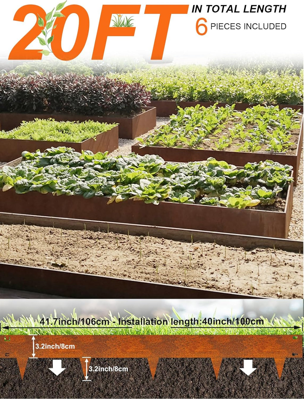 Vinci Landscape Edging Border, 40" L x 6" H 6Pack 20FT Total Rusted Corten Steel Garden Edging,Easy Installation,Sturdy Elegant Metal Lawn Broder for Flower Beds, Pathways, Paver Edges and Yard