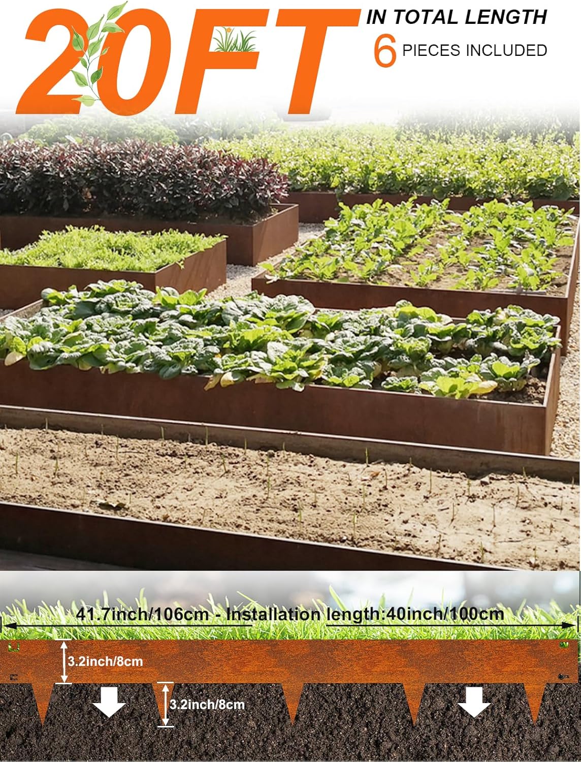 Vinci Landscape Edging Border, 40" L x 6" H 6Pack 20FT Total Rusted Corten Steel Garden Edging,Easy Installation,Sturdy Elegant Metal Lawn Broder for Flower Beds, Pathways, Paver Edges and Yard