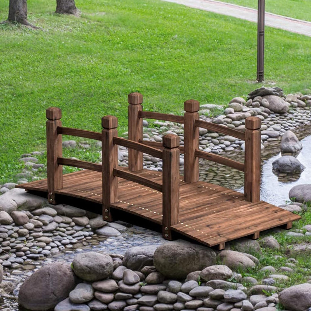 Giantex 5 FT Wooden Garden Bridge, Stained Wood Arc Footbridge with Railings, 400 lbs Capacity, Decorative Pond Bridge for Outdoor Garden Yard Backyard Creek Farm (Brown)
