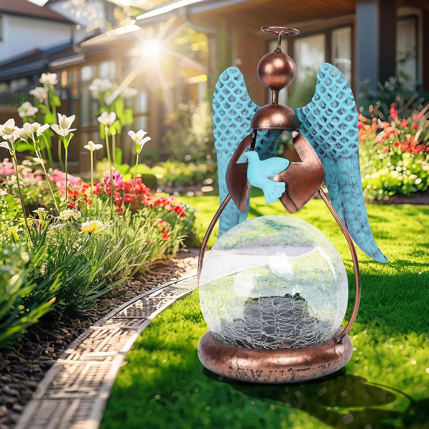 MUMTOP Angel Solar Lights Outdoor Garden - Solar Lanterns Light Decorative Waterproof with Glass Cracked Globe Tabletop Lantern Lamp Ornaments for Yard Patio Decor Gift (Hold Dove)