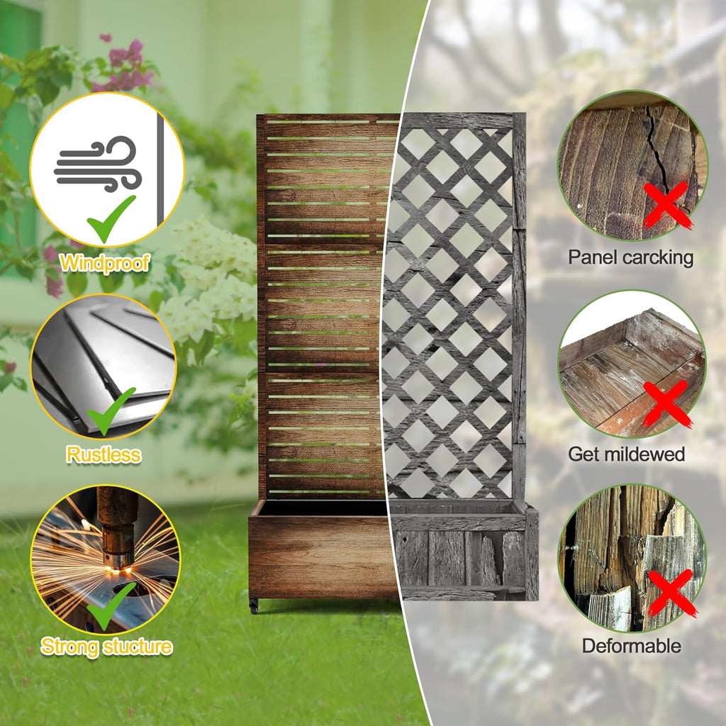 FENCY Metal Raised Garden Bed with Wheels and Trellis,73"x35"x16" Planter Box for Climbing Plants, Vegetables & Vines, Features Privacy Screen and Drainage Holes (Vintage Wood Color)