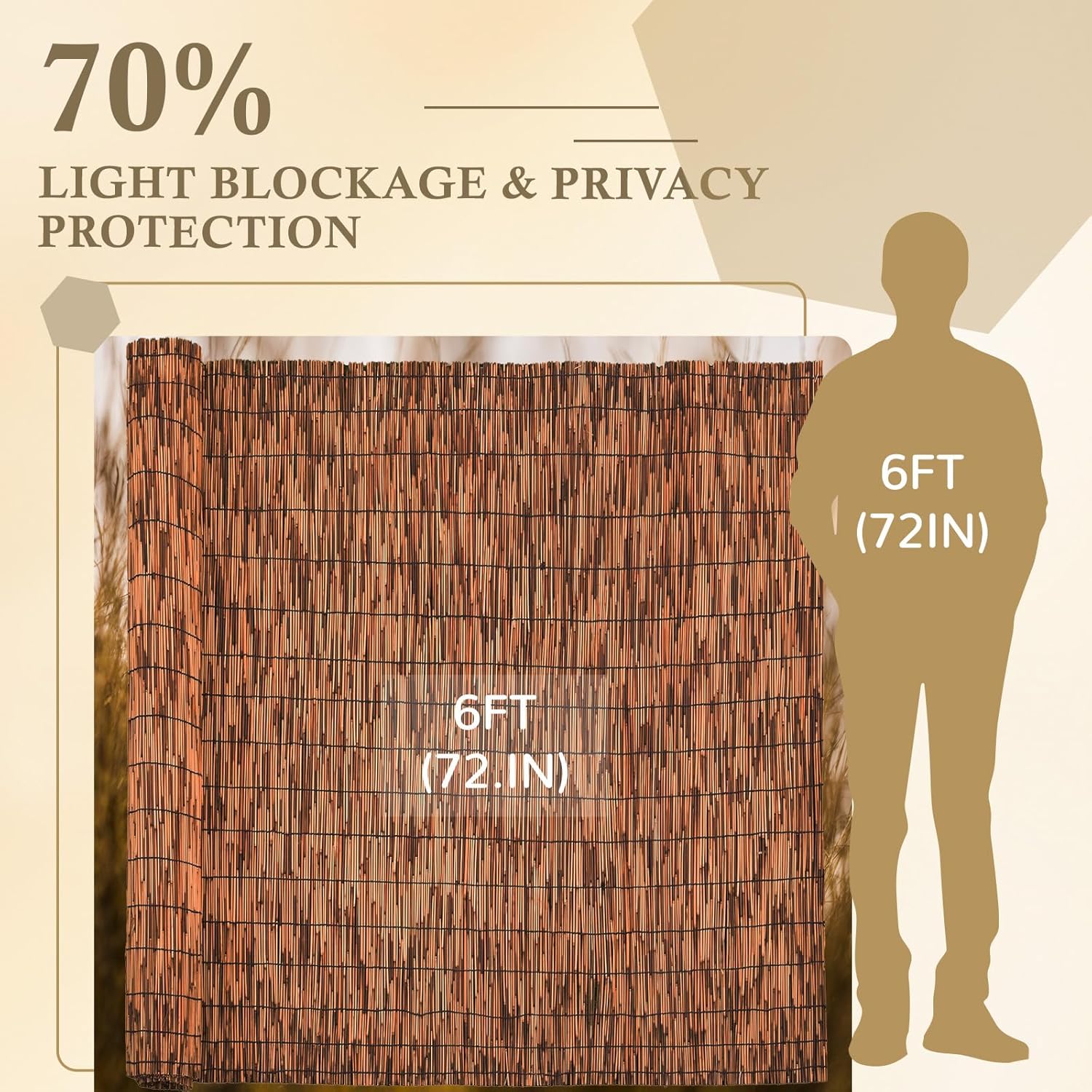 Brown 6FT X 16.4FT Reed Fencing Roll, Balcony Privacy Reed Shade Bamboo Fencing Garden Fence Border, Wind Block Sunshade Fence Screen for Outdoor Yard Patio Flower Bed Edge