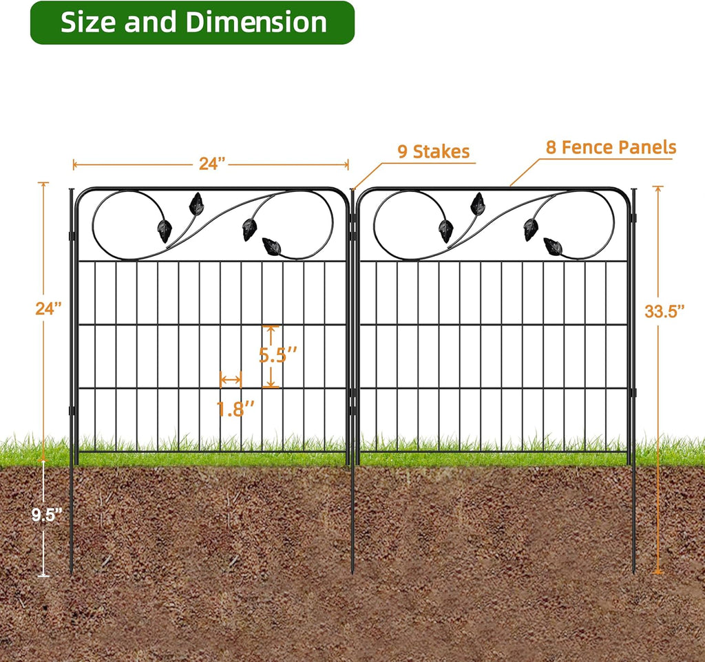 Decorative Black Garden Fencing 24in(H) X16ft(L) 8 Panels Metal Wire Edging Patio Landscape Flower Border Garden Fence for Dogs Animal Barrier for Outdoor