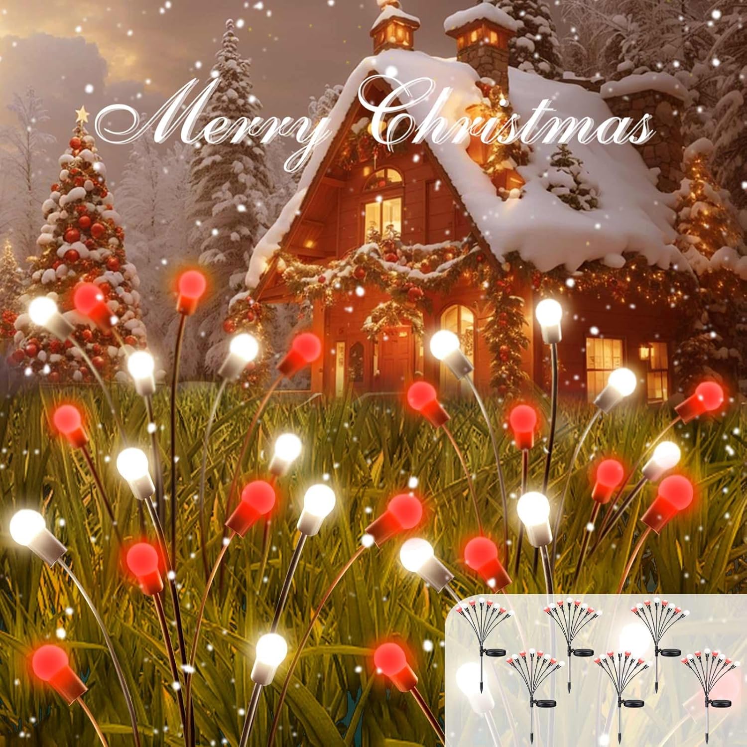 BOSSERN 2025 Red and White Solar Firefly Lights, 6 Pack Outdoor Waterproof Twinkle Swaying Fairy Lights for Yard Christmas Decorations (Cool White Red)