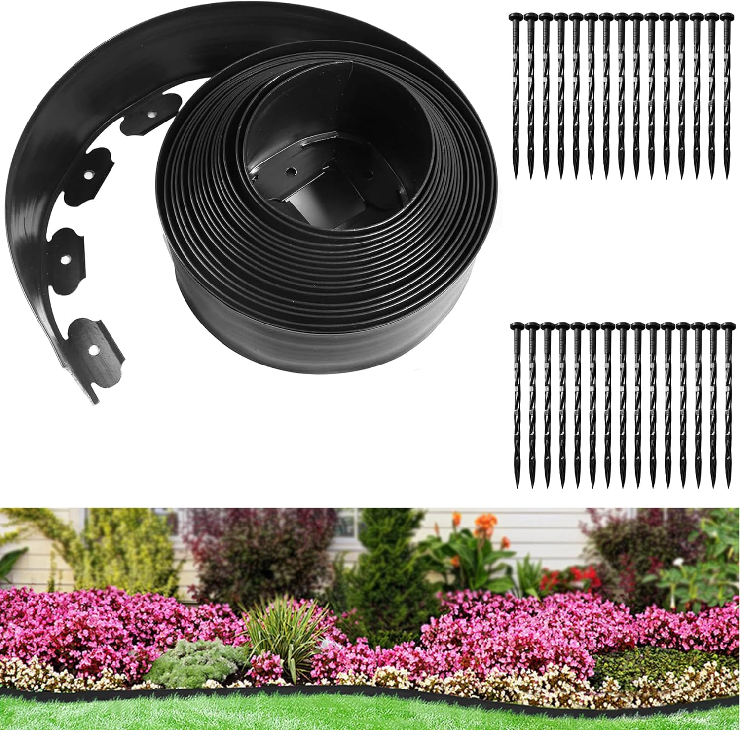 Landscape Edging Coil 33 FT, 4 Inch Tall Garden Edging Border Flexible Lawn Edging Kit with 30 Spikes, Plastic Edging for Landscaping Flower Beds Yard Pathway Paver Edging (4IN x 33FT, Black)