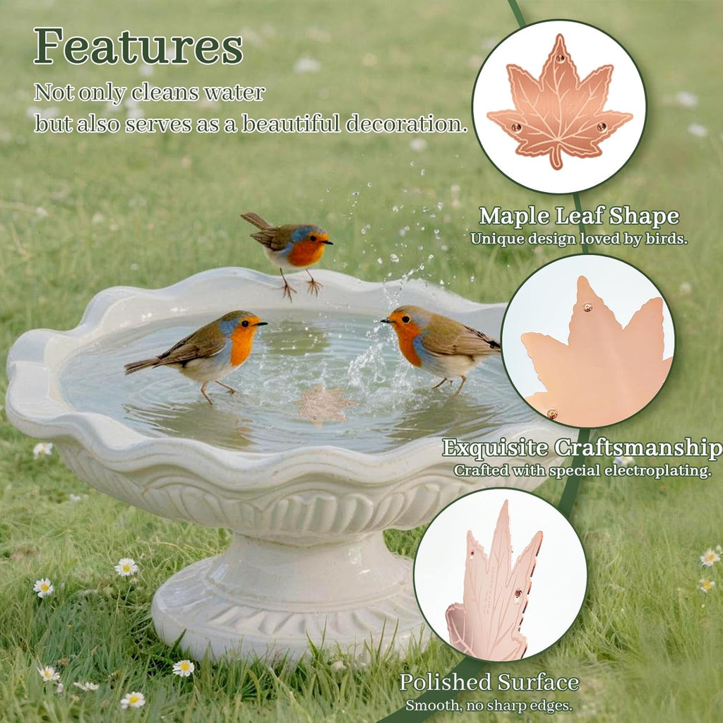 Bird Bath Copper Disk,Bird Bath Purification Disk 0.6mm Reinforced 99.99% Pure Copper Cleaning Disk with 3-Point Support,Fits Outdoor Birdbath & Bowl,Provide Safe Clean Water,Maple Leaf-2Pcs
