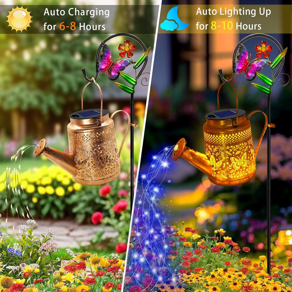 Butterfly Solar Lights Outdoor Waterproof, Solar Watering Can Lights with Shepherd Hook, Metal Hanging Lantern Garden Decor Yard Outside Patio Lawn, Gifts for Mom Grandma Women Birthday