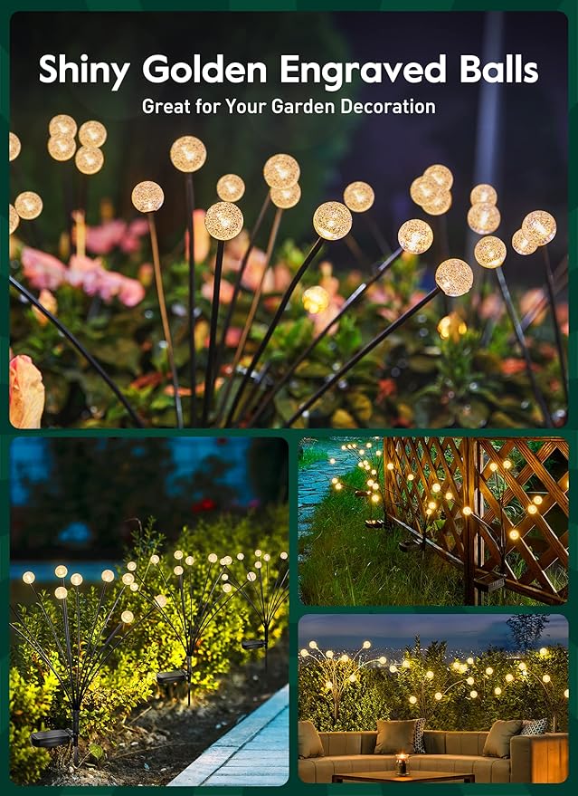 Solar Garden Lights - 4 Pack 12 LED Crystal Solar Firefly Lights with 2 Lighting Mode, Sway by Wind, Waterproof Solar Decorative Lights, Solar Outdoor Lights for Yard Walkway Decoration, Warm White