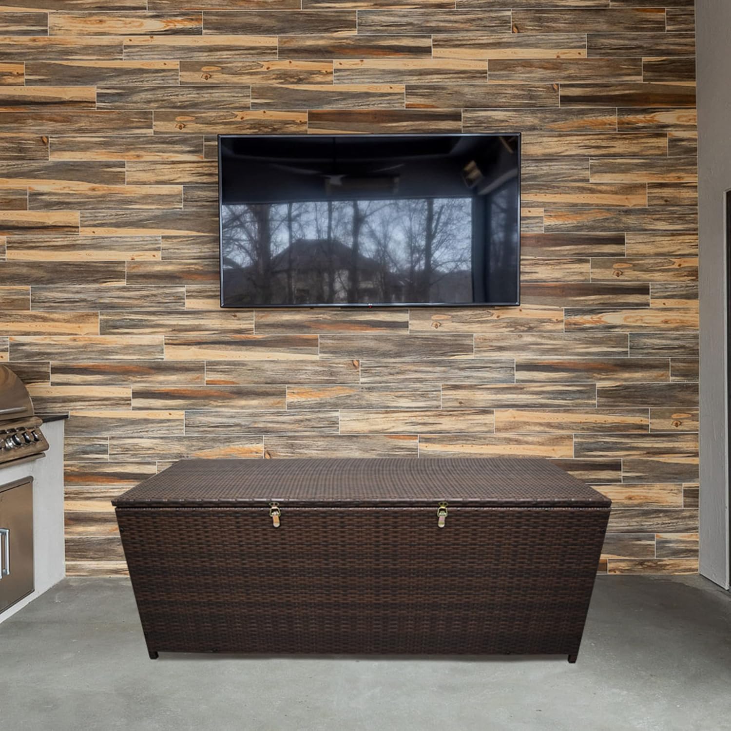 Oakland Living Brown Indoor and Outdoor Balcony Patio Deck Porch Pool 113 Gallon Wicker Storage Box Trunk Bin with Metal Frame