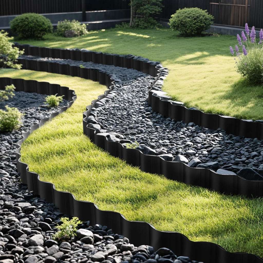 Mars Villa Landscape Edging 40FT, Interlocking Landscape Edging 5.9In Lawn Edging with 64 Stakes, Plastic Flower Bed Border Flexible Edging for Landscaping, Lawn Patio (Black,32Pcs)