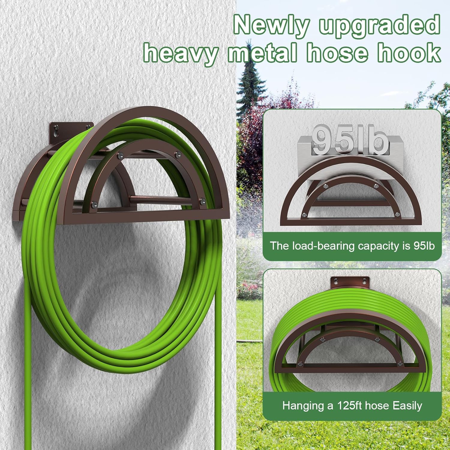 OLV Garden Hose Holder, Outdoor Hose Holder Wall Mounted Holds 125-ft Hose, Heavy Duty Metal Hose Hanger, Sturdy Detachable Hose Reel Storage Organizer, Hose Rack for Outside Garden Lawn Yard, Bronze