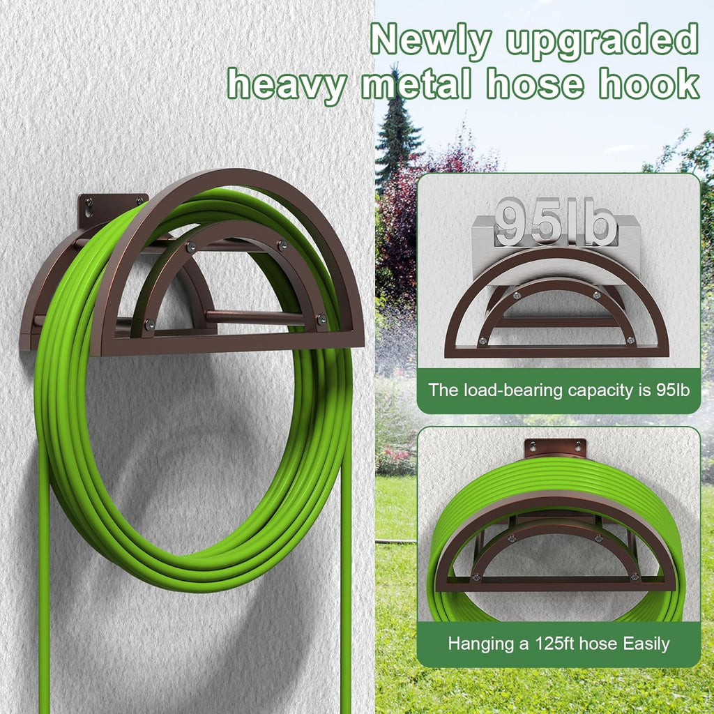 2 Pack Garden Hose Holder, Outdoor Hose Holder Wall Mounted Holds 125-ft Hose, Heavy Duty Metal Hose Hanger, Sturdy Detachable Hose Reel Storage Organizer, Hose Rack for Outside Garden Lawn, Bronze