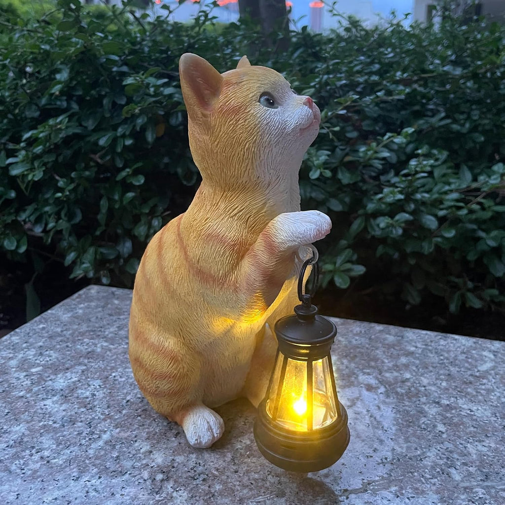 Garden Decor Solar Cat Statues with Solar Lantern Outdoor Decor Lovely Tabby Cat Figurine Halloween Yard Decoration Spooky Lawn and Garden Decor Holiday Party Ornament for Cat Lovers