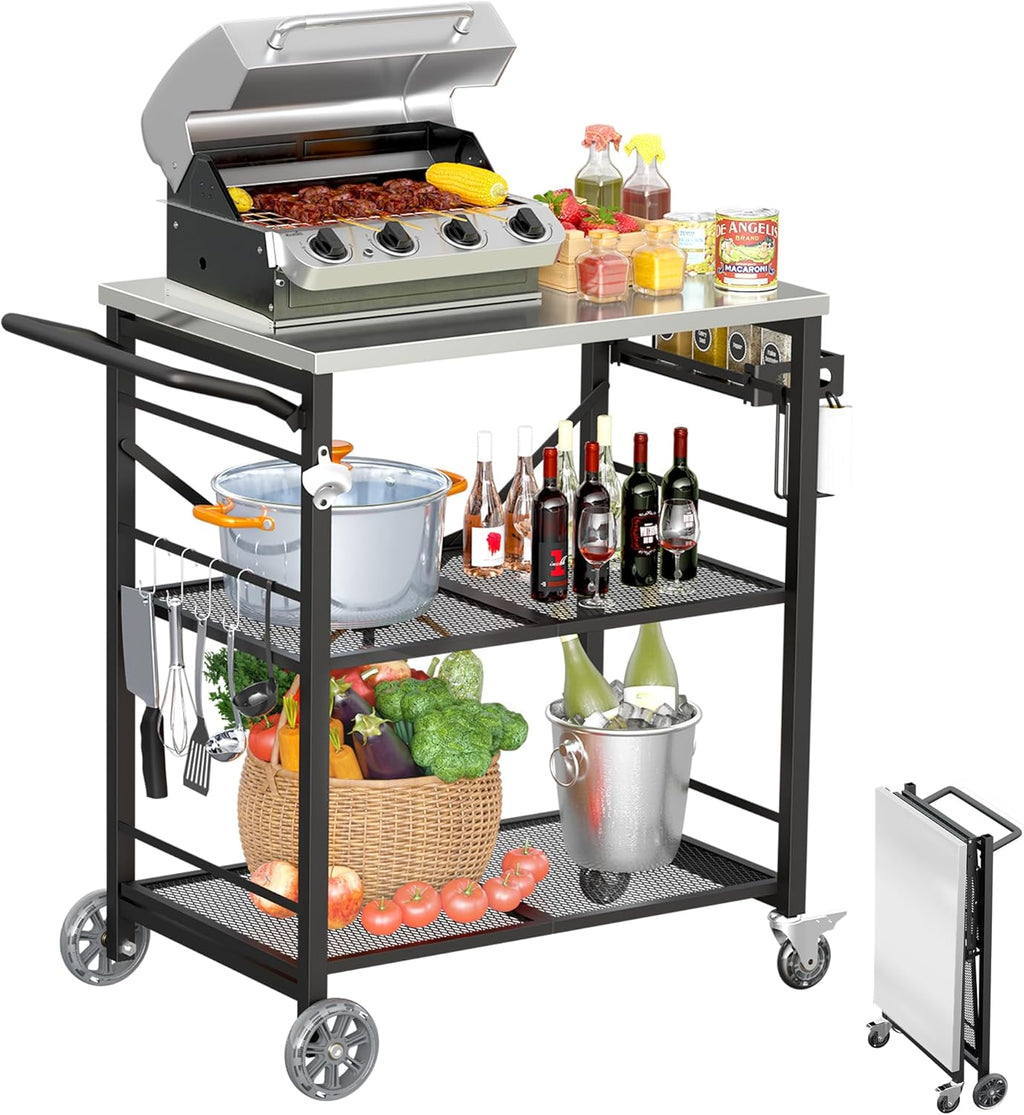 Ciokea Folding Outdoor Grill Cart with Wheels, 3-Shelf Grill Table with 27x18 in Stainless Steel Top, Rolling Pizza Oven Stand, Metal Portable Cart for BBQ Patio Camping (Black)