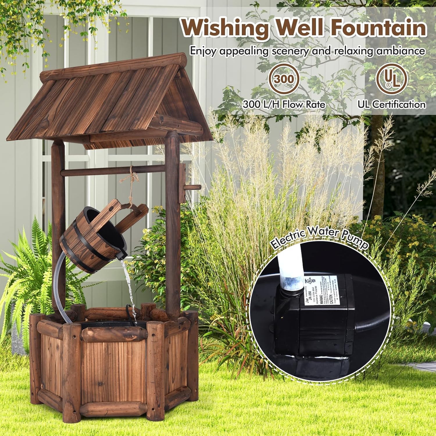 Tangkula Outdoor Wishing Well Water Fountain, Old-Fashioned Wood Waterfall Fountain w/Bucket Pump, Rustic Farmhouse Decoration for Garden, Backyard, 46 Inch Tall (20" x 23" x 46")