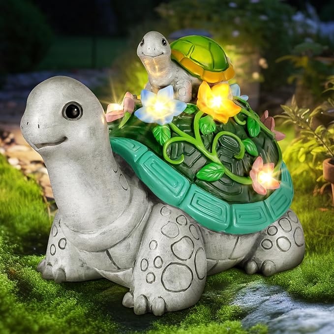 LESES Garden Statues, Turtle Solar Statue Garden Decor Clearance, Cute Turtle Figurines with Baby & 7 LED Solar Lights Lawn Decorations for Patio Yard Gifts for Mom Grandma Housewarming
