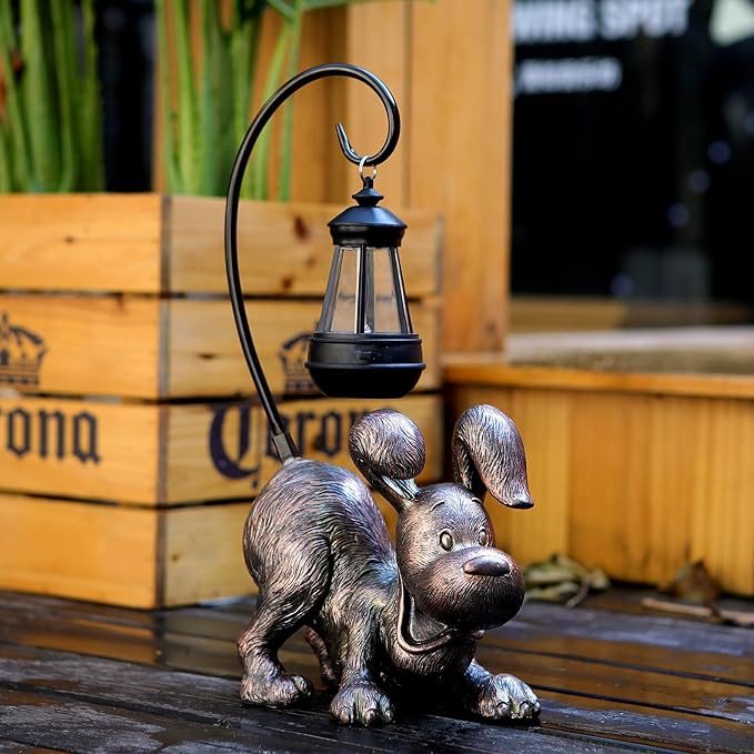 Laughing Dog Figurine with Solar-Powered LED Light 15.9 Inches Tall Antique Bronze, Perfect for Gift Garden Decor or Housewarming for Dog Lovers