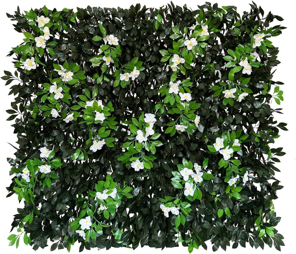 Expandable Fence Privacy Screen for Balcony Patio Outdoor,Decorative Faux Ivy Fencing Panel,Artificial Hedges (Single Sided Leaves) (2, Branches -White Fowers)