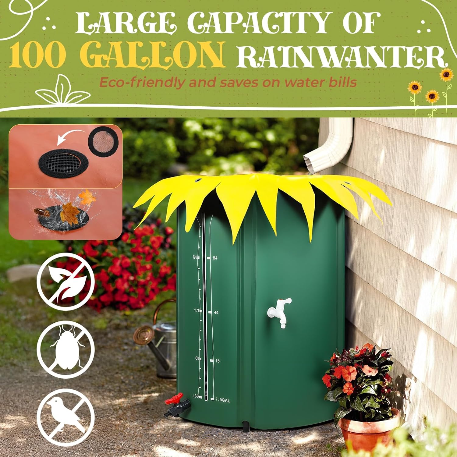 100 Gallon Rain Barrel Water Collection System, Collapsible Portable Water Storage Tank, Rainwater Collect System Downspout, Water Catcher Container with Filter Two Spigots(Without Water Pipe)
