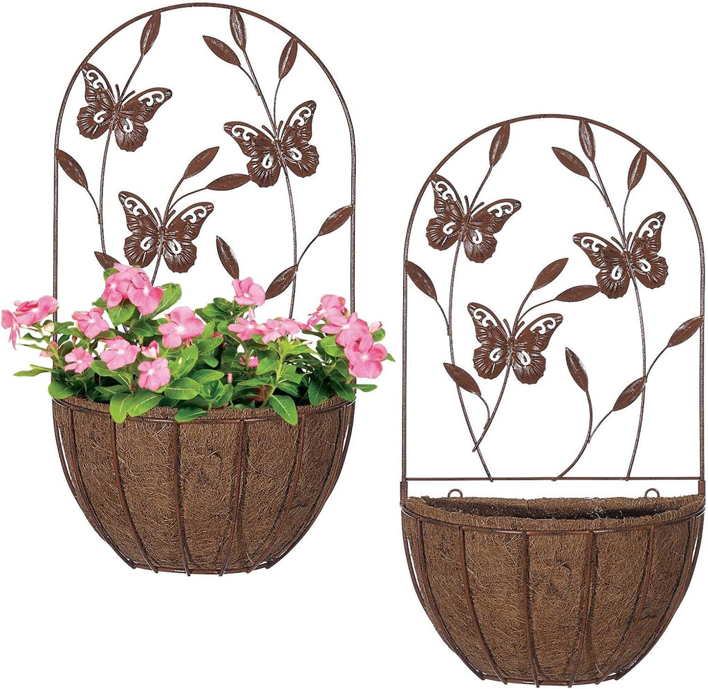 BAYN 2PK Wall Hanging Planter Decor Art with Butterfly, Metal Wall Mounted Planters Indoor Outdoor Wall Planter for Succulent Herb Home Garden Yard