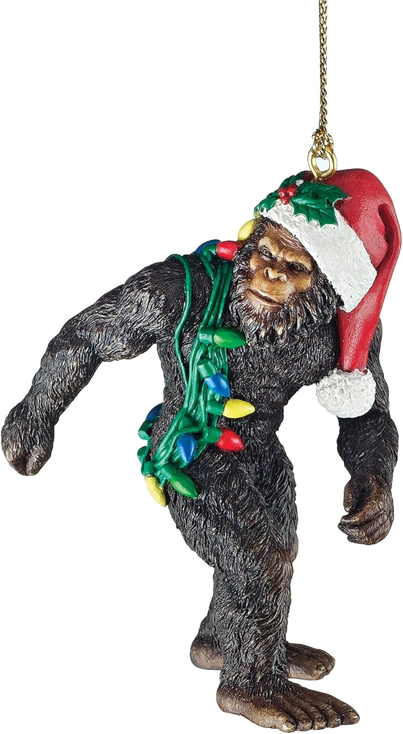 Design toscano yeti with santa hat funny christmas tree ornament, 2 inches wide, 1 inches deep, 3 inches high, brown bigfoot the holiday yetti