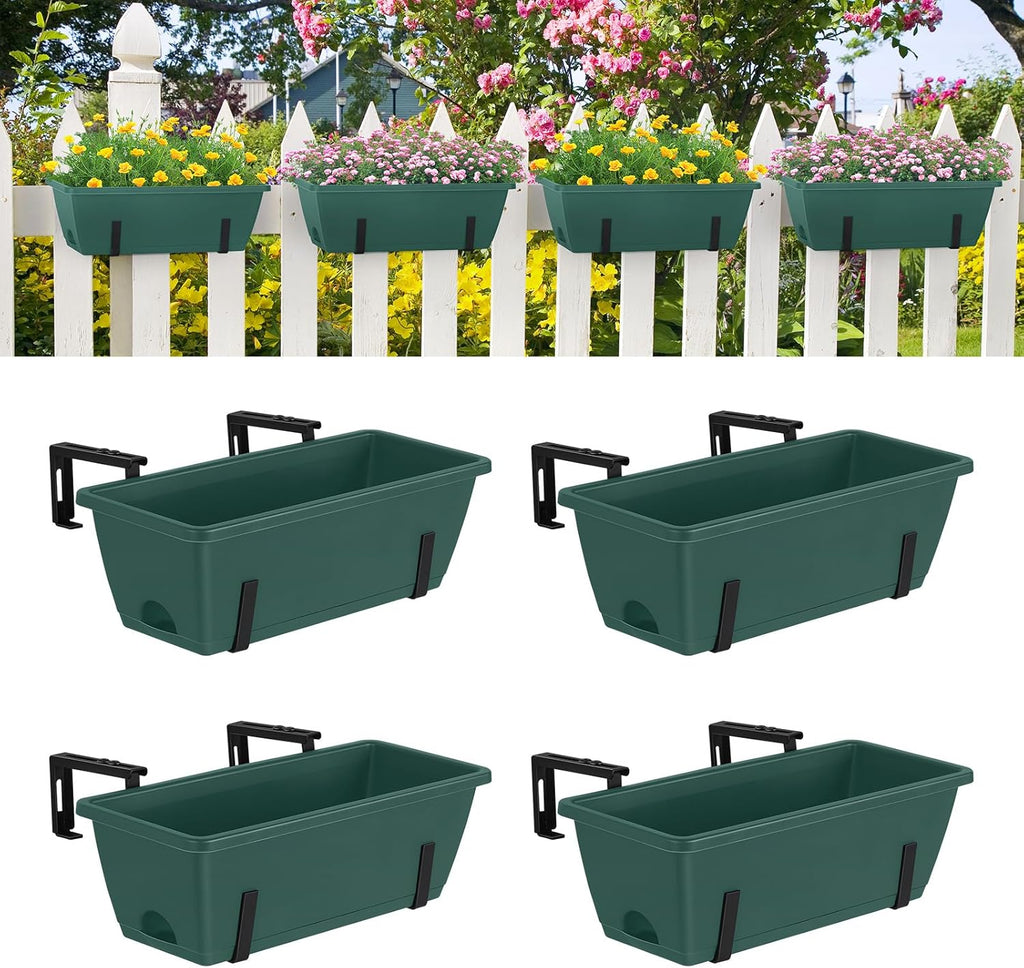 smusei 4 Pack Railing Planter Box Window Boxes Planters, 17'' Rectangular Deck Railing Planter Balcony Hanging Planters with Adjustable Flower Box Brackets for Fence Outdoor Patio Porch