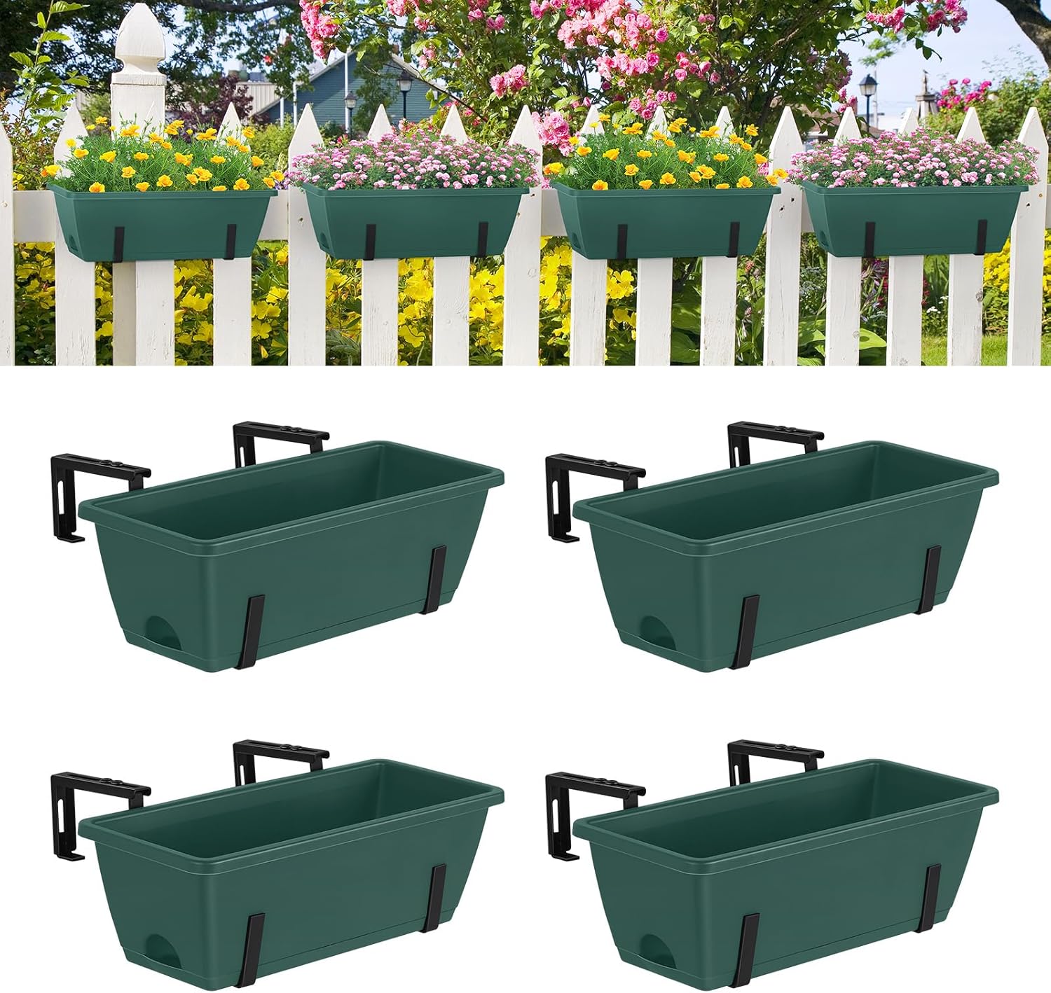 smusei 4 Pack Railing Planter Box Window Boxes Planters, 17'' Rectangular Deck Railing Planter Balcony Hanging Planters with Adjustable Flower Box Brackets for Fence Outdoor Patio Porch