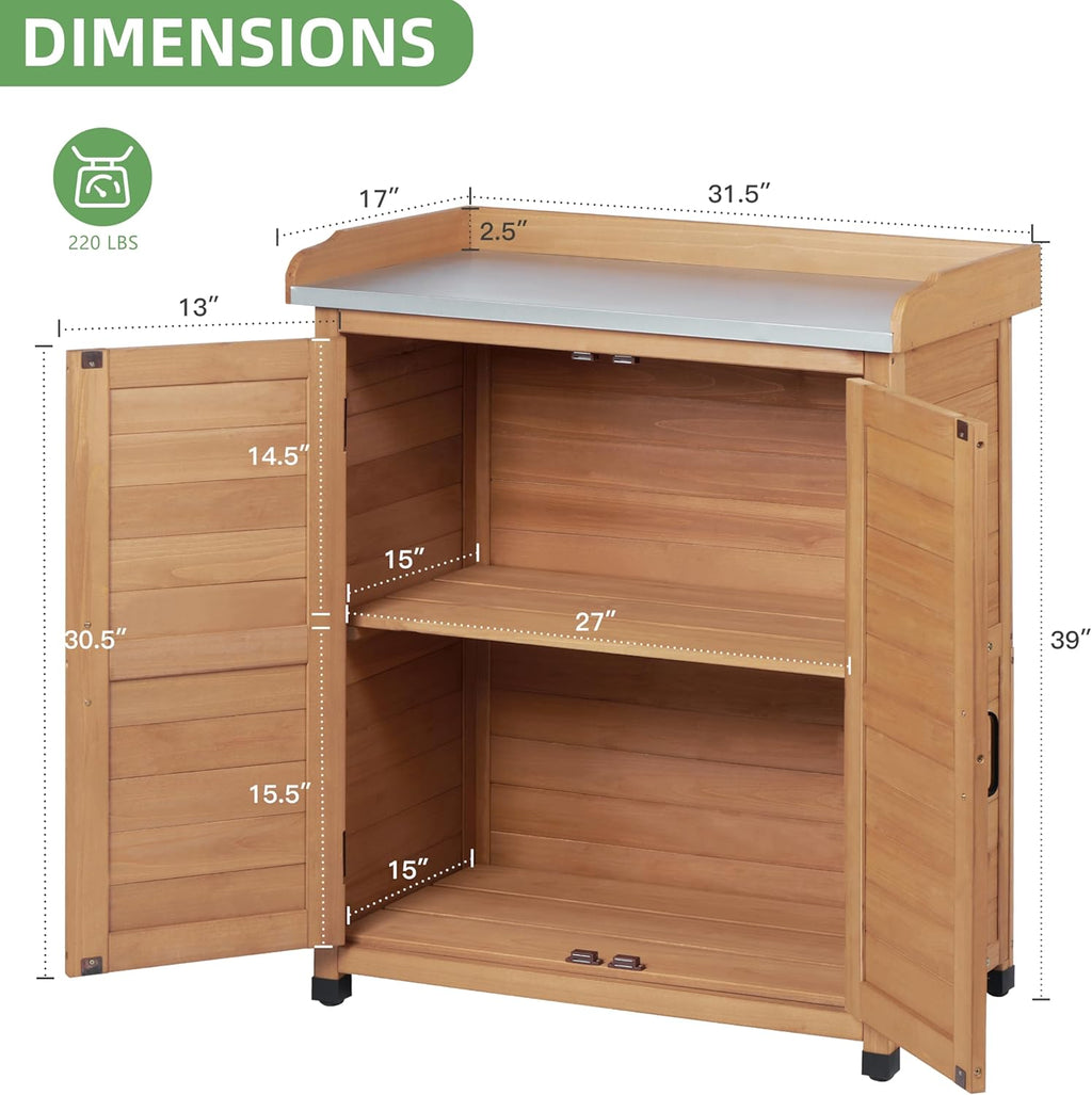 Potting Bench with Storage Cabinet and Metal Table Top for Outdoor Patio, Garden Furniture Wood Workstation (Light Brown, 31.5x17x39)