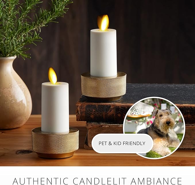 Luminara Outdoor Votive Flameless LED Candle, Set of 2 Ivory 1.5" x 4", Moving Flame Battery Operated Timer Remote Ready IPX4 Matte Plastic Finish