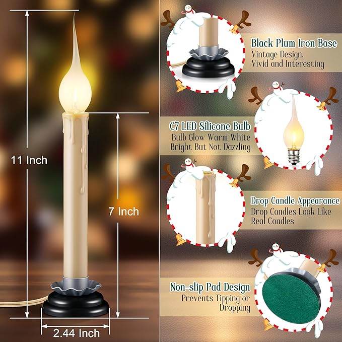Enhon 4 Pack Rustic Country Candle Lights with Replacement Silicone Bulb, C7 0.6W Electric LED Christmas Window Candles Plug in, UL Certification Warm White Candlestick Lamp, 5 FT Cord, On/Off Switch