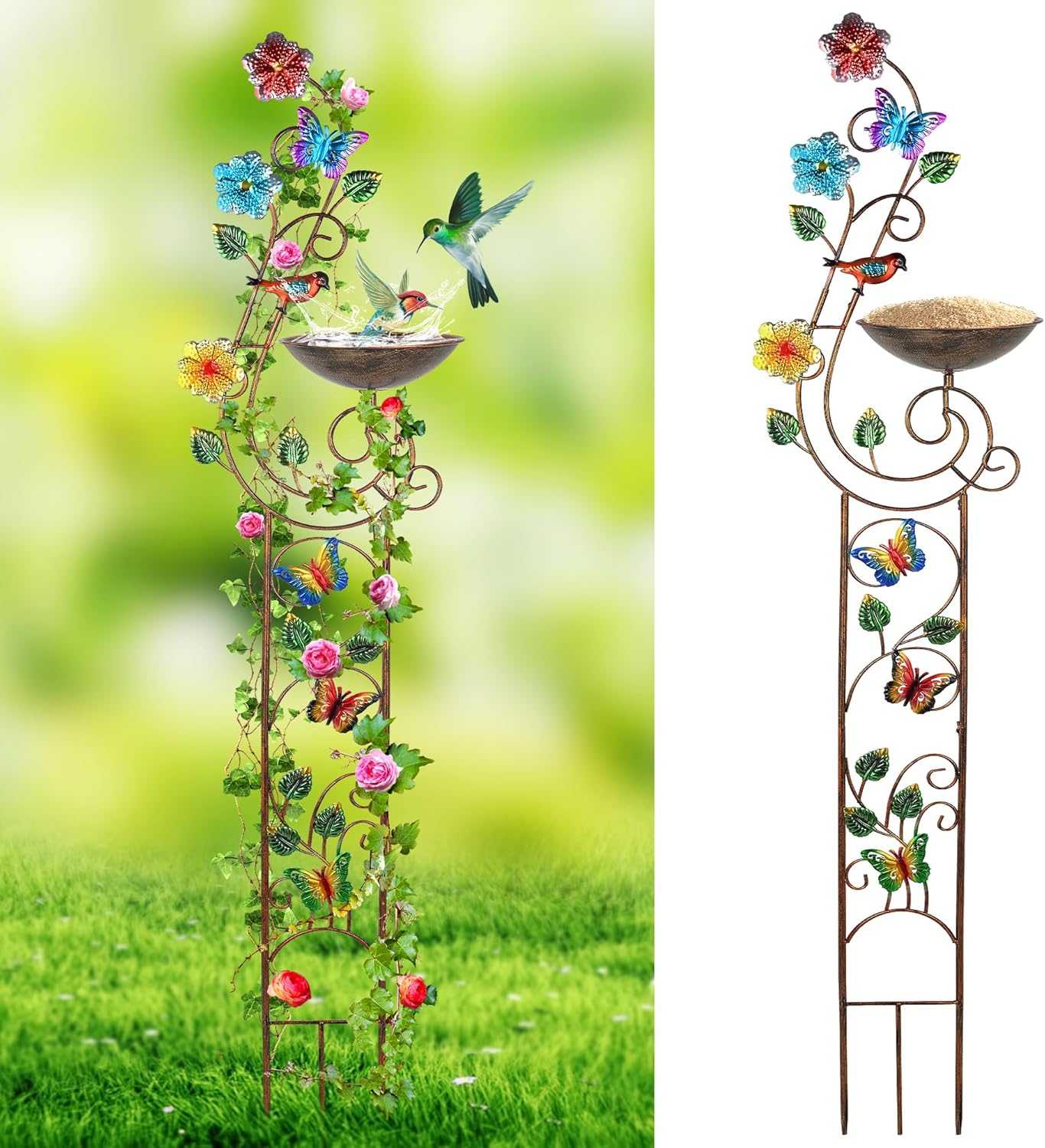 57” Bird Bath with Garden Trellis for Climbing Plants Outdoor, Small Decorative Metal Birdbath Bird Baths, Butterfly (Butterfly)