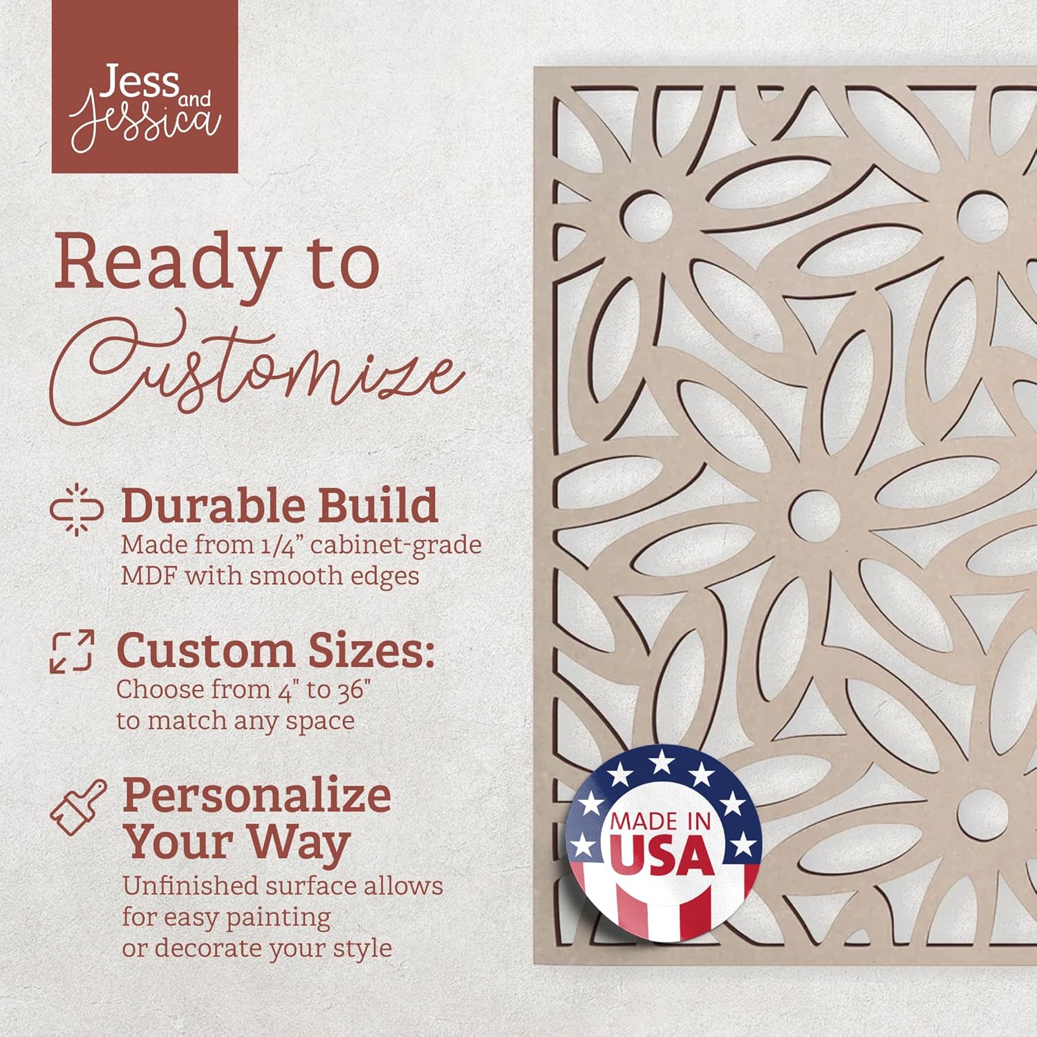 Jess and Jessica Lattice Panels-Decorative Wood Panels, Wood Lattice Panels for Outside, Privacy Screen for Patio Outdoor, Window, Cabinets, Fretwork Wall Panels- Custom Size Lattice Panel Screen