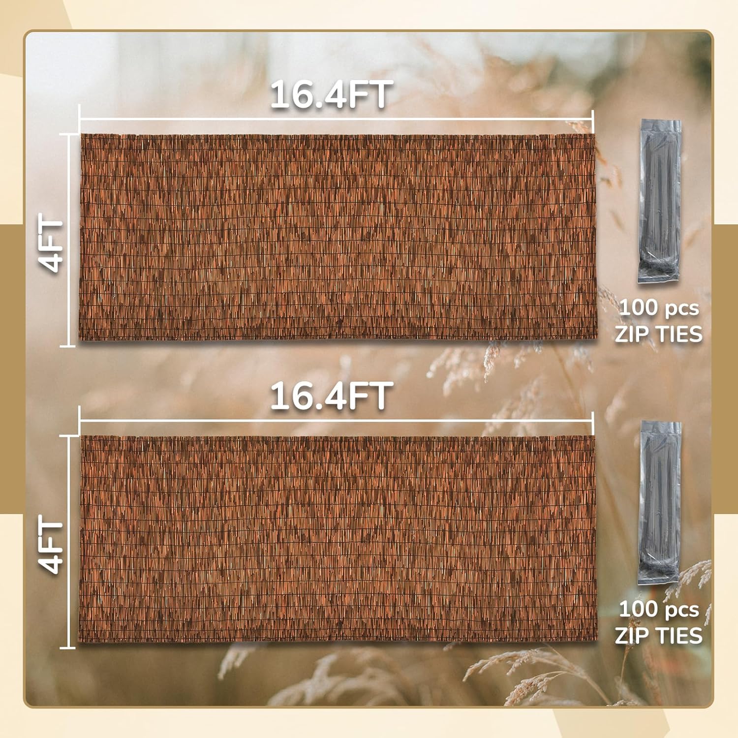 Brown 2 Pack 4FT X 16.4FT Reed Fencing Roll, Balcony Privacy Shade Reed Bamboo Fencing Garden Fence Border, Wind Block Sunshade Fence Screen for Outdoor Yard Patio Flower Bed Edge