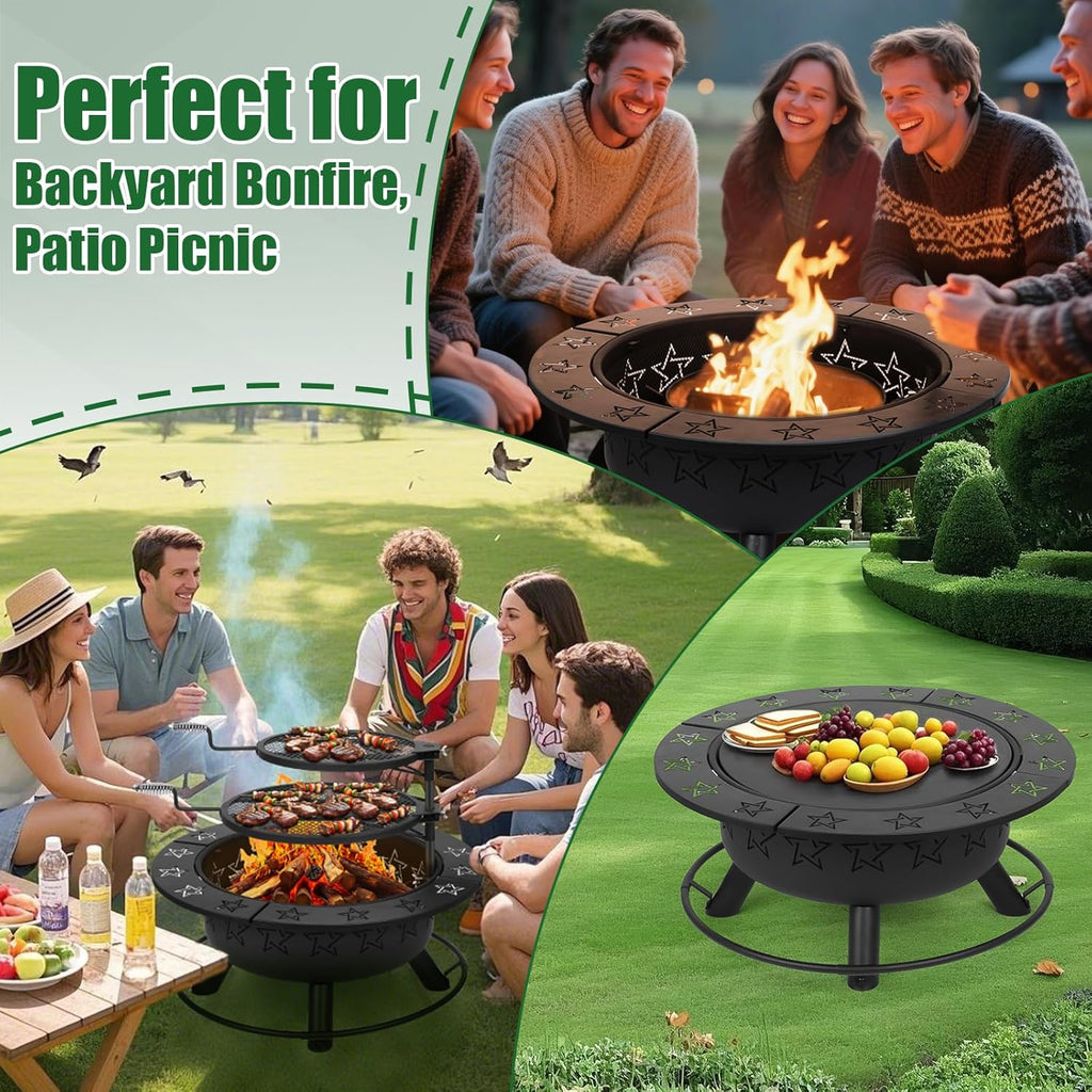 32.5" 3-in-1 Fire Pit Table with Dual Grills – Wood Burning Firepit for Outside Cooking, BBQ Grate & Round Patio Table – Includes Charcoal Pan, Log Rack,Poker & Lid for Backyard, Garden