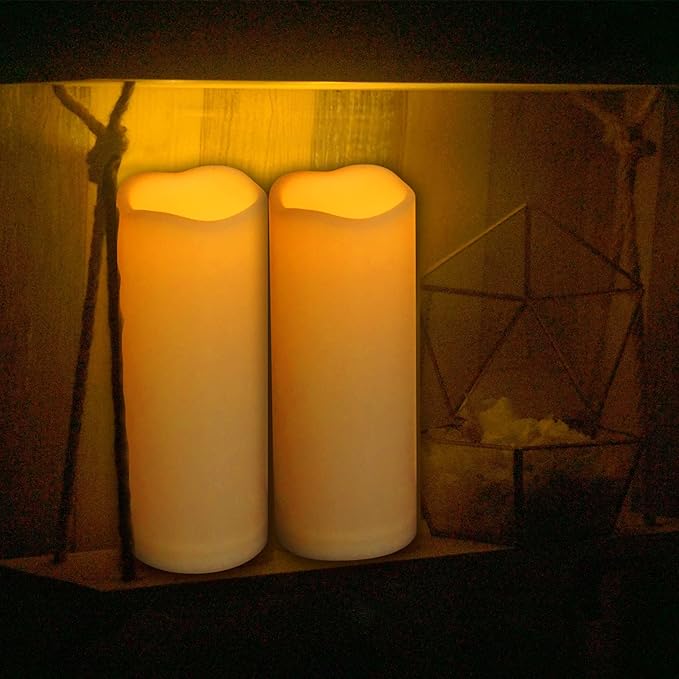 Waterproof Outdoor Battery Operated Flameless Pillar Candles with Timer White Plastic Realistic Flickering Fake Electric LED Lights for Lantern Garden Wedding Christmas Decorations 3”x8” 2 Pack