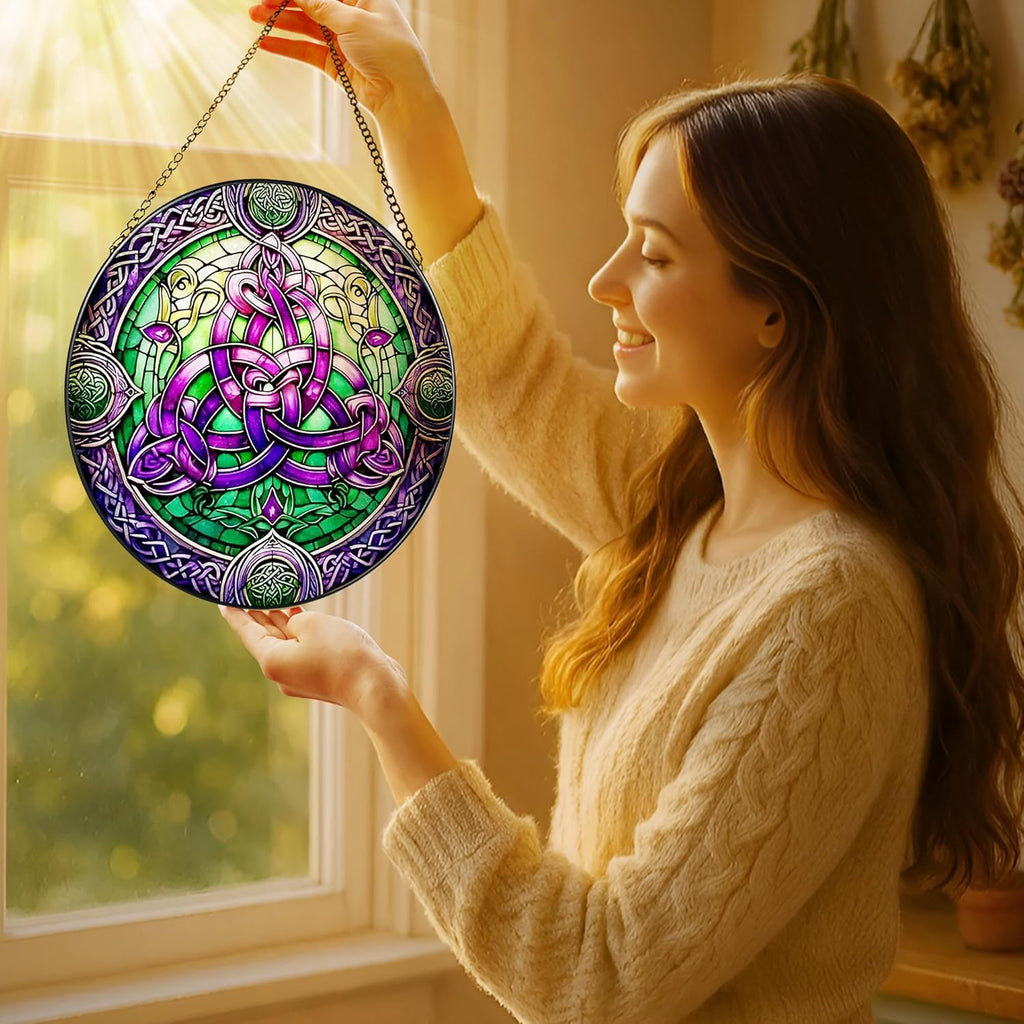 Stained Glass Window Hanging, LAOWEIKI 8'' Celtic Knot Suncatcher, Stained Glass Ornament, Suncatchers for Windows Hanging, Window Decor, Outdoor or Indoor, Gifts for Friends, Women, Art Lover