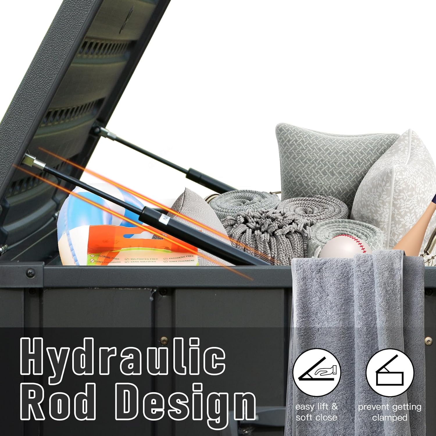 Domi 120 Gallon Deck Box, Patio Storage Box with Resin Lid, Steel Tool Waterproof Outdoor Storage Container for Outside Cushions, Lockable Outdoor Storage Bin for Garden and Pools Tools (Gray)