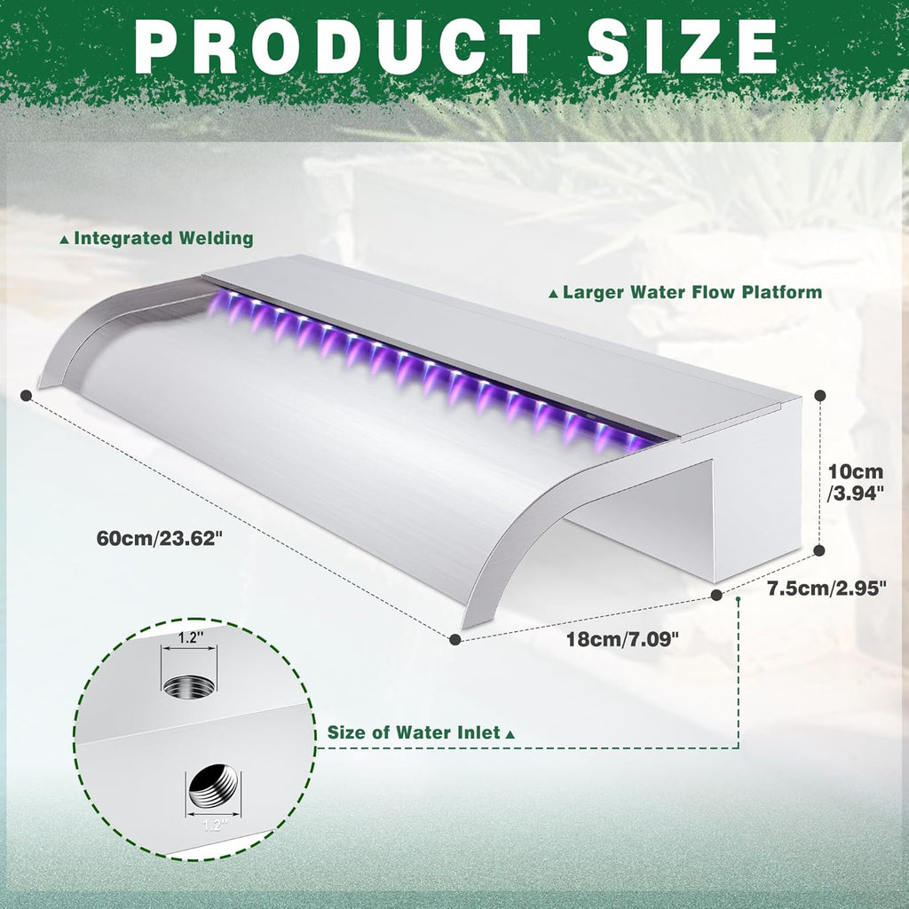 Waterfall Pool Fountain, LONGRUN Stainless Steel Waterfall Spillway for Pools and Ponds - 23.6" Wide Decorative Water Feature for Swimming Pools, Koi Ponds, and Garden