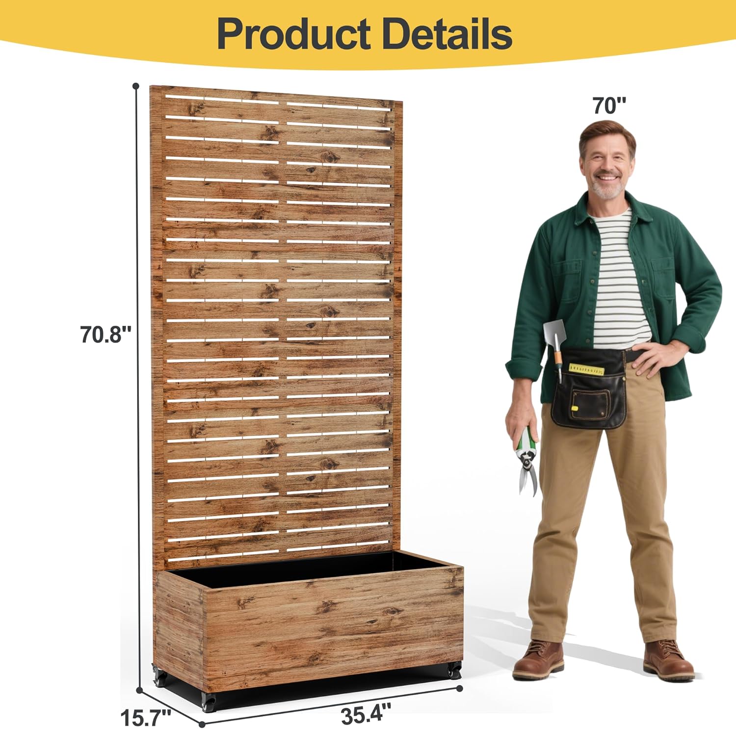 Raised Garden Bed with Trellis and Wheels,73"x35"x16" Metal Raised Garden Bed,Brown Wood Finish Metal Planter with Climbing Trellis for Vines & Vegetables