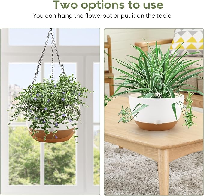 10 Inch Hanging Planter, 2 Pack Hanging Plant Self Watering Pot with Drainage Holes and Saucers, Hanging Baskets Flower Pots with Macrame Rope Hangers for Garden Home -White