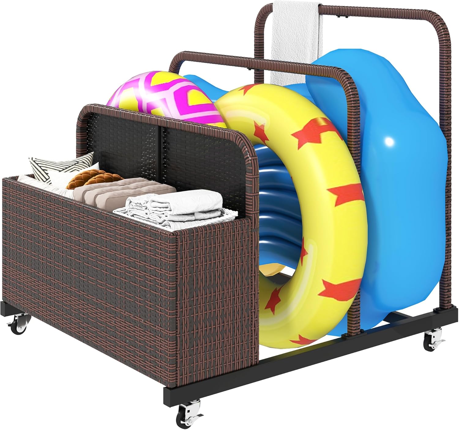 DWVO Pool Float Storage, Pool Storage Bin with PE Rattan,Pool Storage for cushions, Floaties, Noodles, Life Vests, Beach Balls, Patio Furniture (Brown)