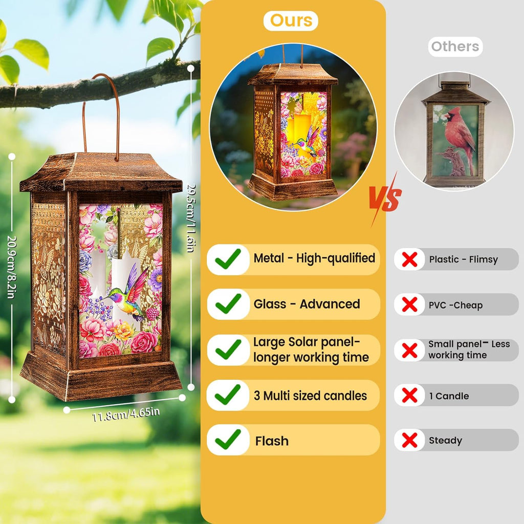 Hummingbird Solar Lanterns Outdoor Waterproof, Metal & Glass Hanging Lights Garden Decor, Birthday Gifts for Women Mom Grandma Mothers Day, Decorative Lights for Outside Yard Patio Backyard Porch