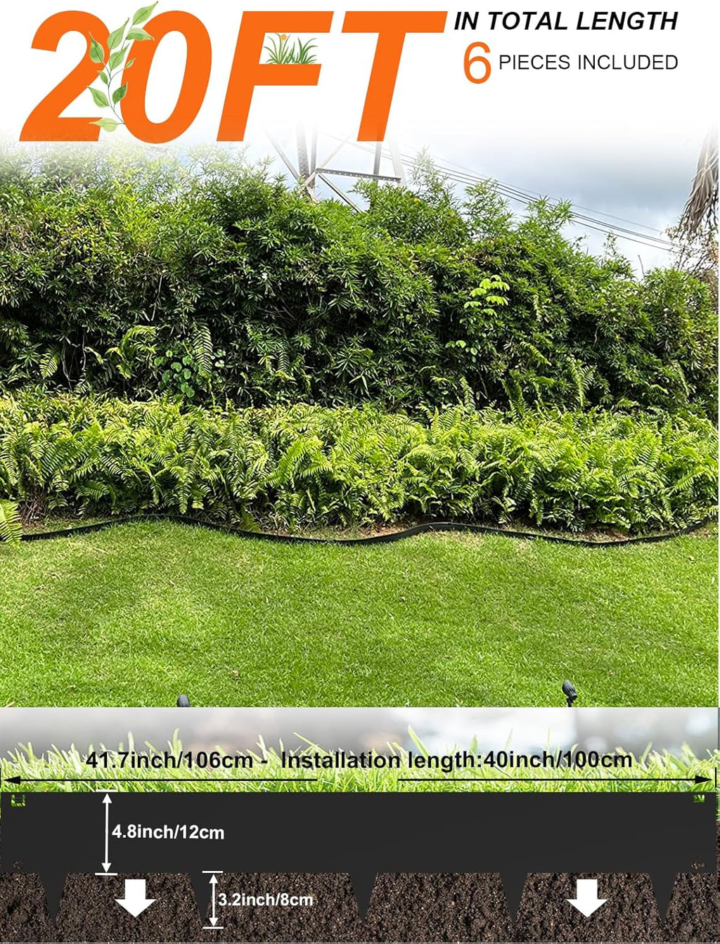 Vinci Landscape Edging Border, 40" L x 8" H 6Pack 20FT Total Black Galvanized Steel Garden Edging,Easy Installation,Sturdy Elegant Metal Lawn Broder for Flower Beds, Pathways, Paver Edges and Yard