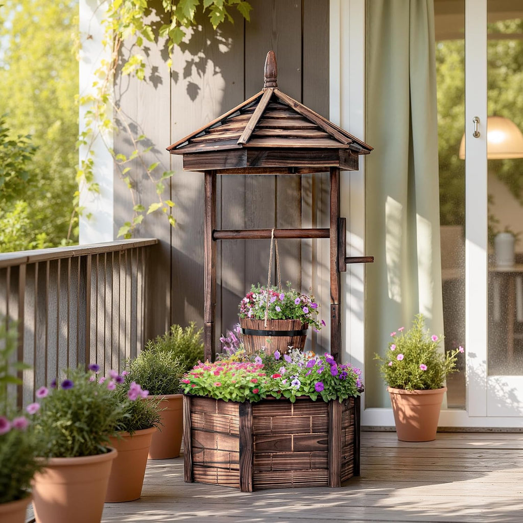 Tangkula Outdoor Wishing Well Planter, Old-Fashioned Wood Wishing Wells for Yard, Rustic Farmhouse Flower Planter Decoration for Garden, Backyard
