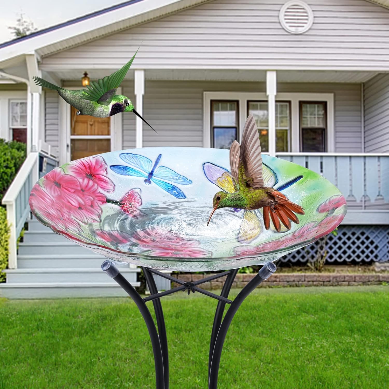 MUMTOP Bird Bath-Bird Baths for Outdoors - Dragonfly Large Bird Bath Bowl with Metal Stand, Glass BirdBaths for The Garden Lawn Yard Decor