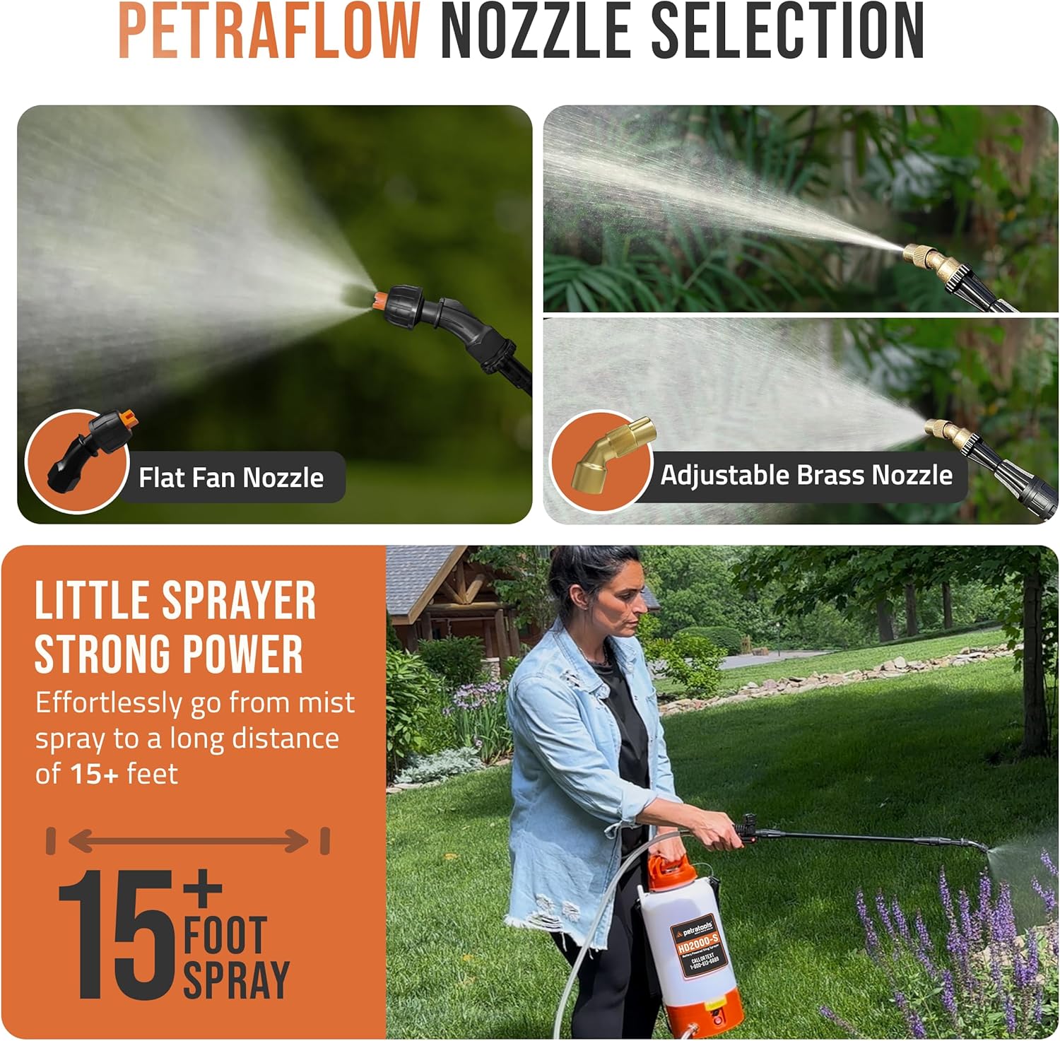 PetraTools Battery Powered Sprayer 2 Gallon - HD2000-S - Heavy Duty Electric Sprayer for Lawn and Garden Weed/Pest Control, Watering - with Battery, Charger & 2 Nozzles (2 Gallon)