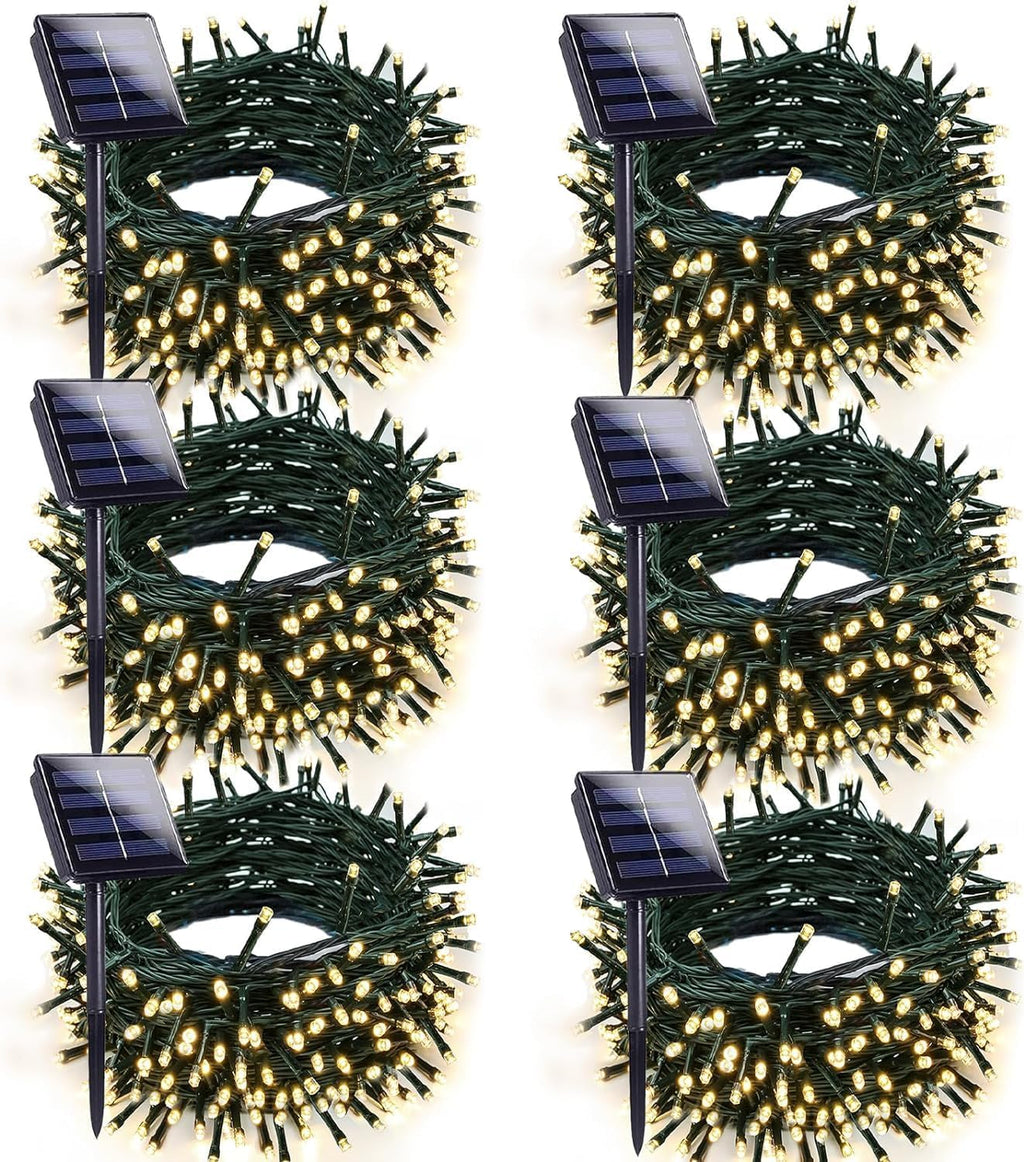 6pk Warm White Solar Christmas Lights Outdoor Waterproof, 600 LED 198FT Solar Powered LED String Lights Green Wire with 8 Modes, Solar Fairy Lights for Xmas Tree Party Wedding Garden Fence Decorations