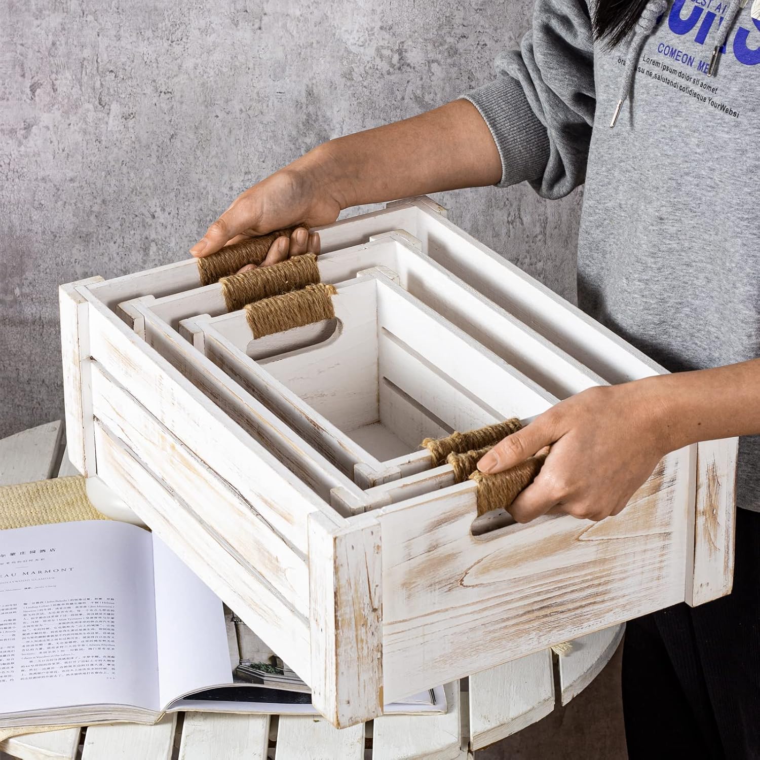 TIMRIS Set of 3 Rustic Wood Nesting Crates, Farmhouse Wooden Storage Container Boxes with Cutout Handles, Decorative Wooden Baskets for Display (Whitewash)