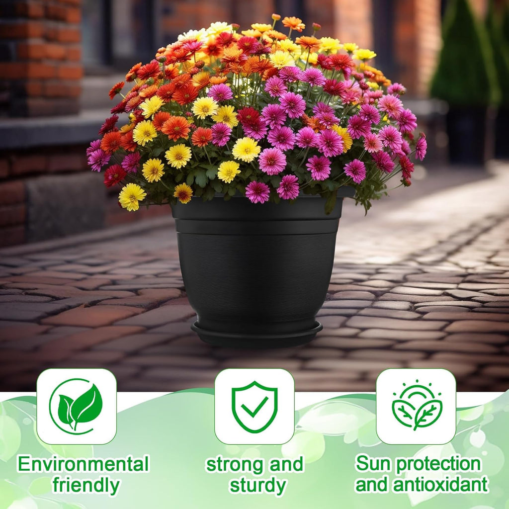 12 Pack 10'' Plastic Plant Pots Round Planter Pots with Saucer Tray Seedling Pot Hole Seed Resin Plant Pot Starting Nursery Flower Container with Pallet for Garden Outdoor Indoor(Black)